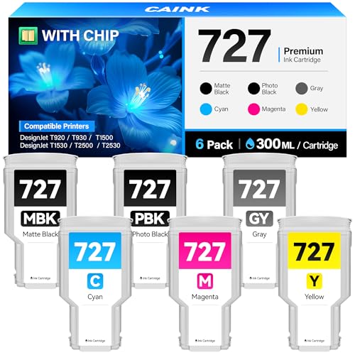 Image of 727 Ink Cartridges Set 6-Pack 300-ml High Yield Replacement for HP 727 Ink F9J79A C1Q12A F9J76A F9J77A F9J78A F9J80A Compatible with HP DesignJet T930 T920 T1500 T2500 T1530 T2530 Printer Color Black