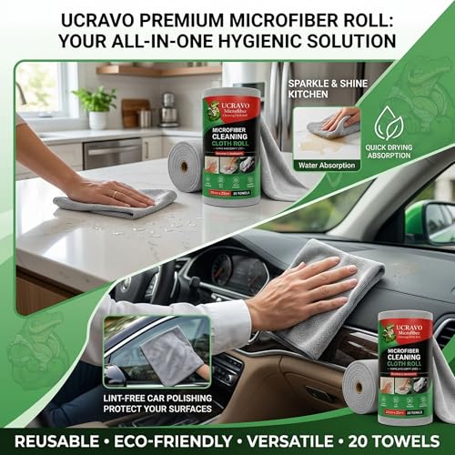 Image of UCRAVO Reusable Kitchen Towels Roll | 8000 Times Washable | Soft & Highly Absorbent Kitchen Towel Roll | Eco Bamboo 40 Sheets | Better Alternative to Dishcloth For Home & Glass Cleaning