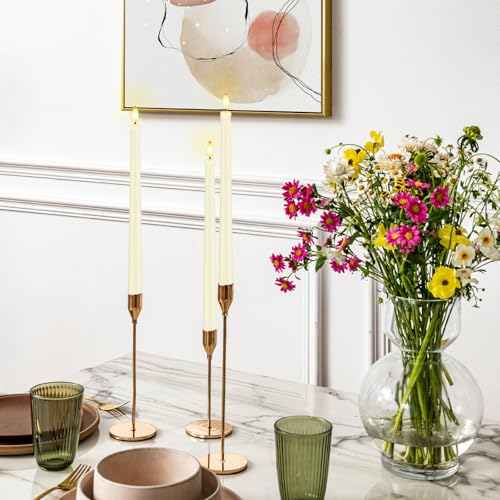 Image of 12 Pcs Flickering Flameless LED Taper Candles, 11 inch Long Fake Taper Candles Battery Operated with Remote Timer, Ivory Plastic Electric Dripping Candlesticks for Wedding Party Holiday