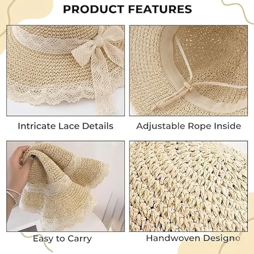 Image of Kraptick Headwear Hats - Lightweight Crocheted Straw Hat for Women, Foldable Summer Beach Hat with UV Protection & Stylish Travel Cap with Wide Brim
