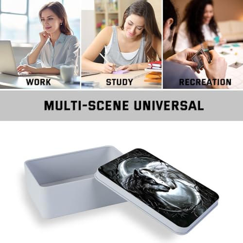 Image of Metal Tin Box with Lid,Multi-functional Storage Box Can Store Tea Biscuits Game Cards, Playing & Tarot Cards-Comes with 4 Magnetic Cord Clips,Black and White Twin Wolves