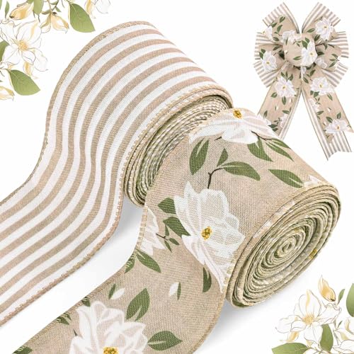 2 Rolls 20 Yards Magnolia Flower Wired Edge Ribbon Spring Flowers Striped Rustic Burlap Ribbon for Wreaths DIY Crafts Gift Wrapping Party Decoration Supplies