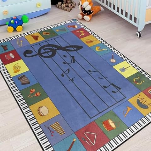 Music Rug, Classroom Playmat Rugs - 5x7 Ft Kids Carpet with Rubber Backing, Cartoons Music Notes 24 Musical Instruments Kids Play Mat Nursery Rugs for Toddlers Children Bedroom Playroom - Blue Cover