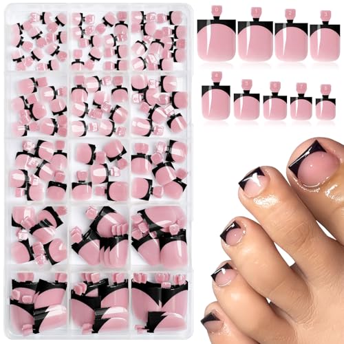 AddFavor Toe Nail Press ons - 150pcs Press on Toenails for Women, French Tip Toe Press on Nails Fake Toe Nail Tips Square Fake Toenails in 15 Sizes Full Cover Acrylic Toenail with Adhesive Tabs