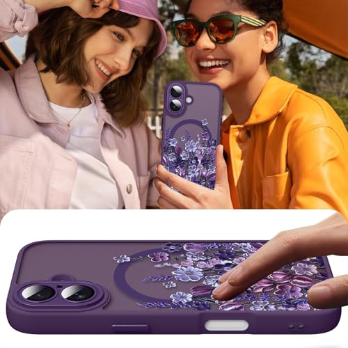 Image of Magnetic for iPhone 17 Case for Women Girls, Dark Purple Floral | Cute Oil Painting Flower Pattern Design [Compatible with MagSafe] [Full Camera Protection] Slim Bumper Matte Protective Cover