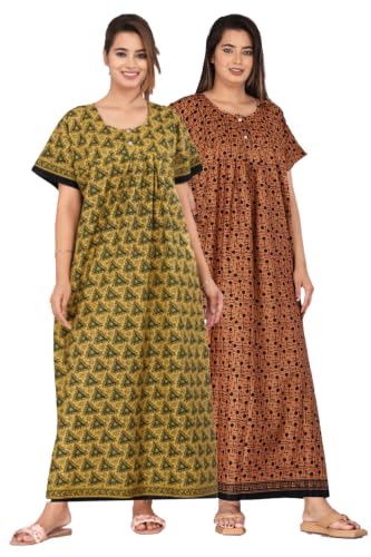 Image of Kuruti B Sheets Cotton Nighty for Women Jaipuri Print 2 Button Round Neck Short Sleeve Night Gown | Maxi Dress