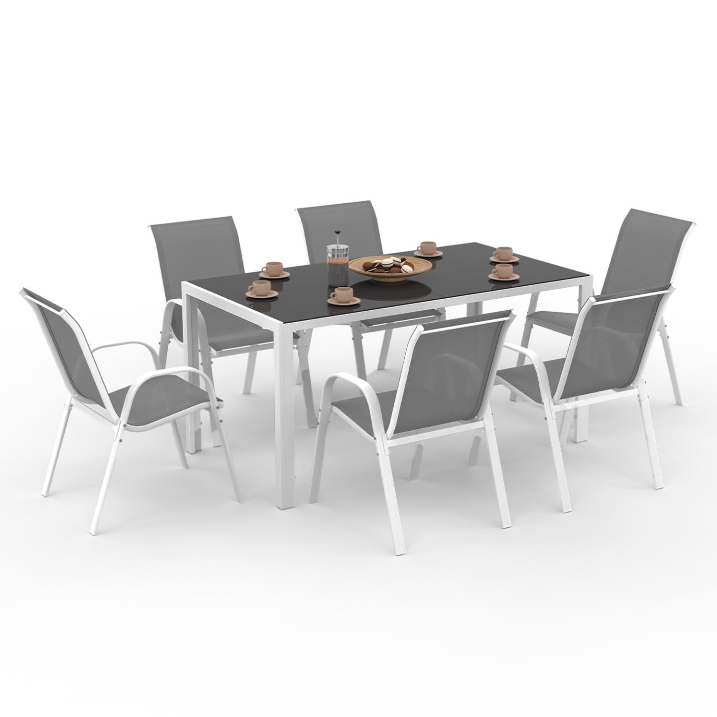 IDMarket - Salon de Jardin Madrid Table 150 CM et 6 chaises empilables Blanc et Gris