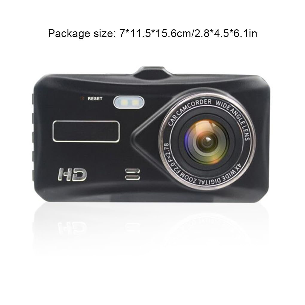 Dash cam con schermo da 4 pollici e notturna per registrazioni | giorno e di notte, con doppia registrazione anteriore e posteriore e funzione di retromarcia.