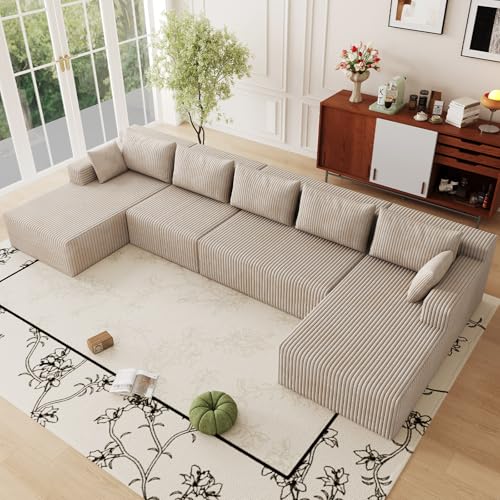 Image of 160 inch Cloud Sectional Couch,Modern U-Shaped Cloud Couch with Deep Seat,Comfy Corduroy Sofa,Memory Foam Sofa for Living Room,No Assembly (Camel)