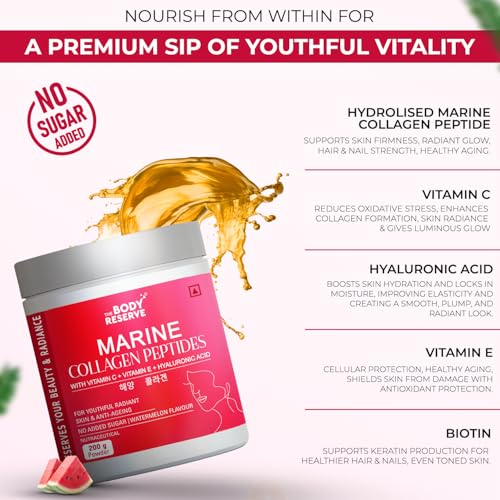 Image of The Body Reserve Marine Collagen Peptides (Watermelon, 200g) | With Vitamin C, Vitamin E, Sodium Hyaluronate & Biotin | Supplement for Healthy Skin, Hair & Nails | Hydrolyzed Fish Powder for Women & Men