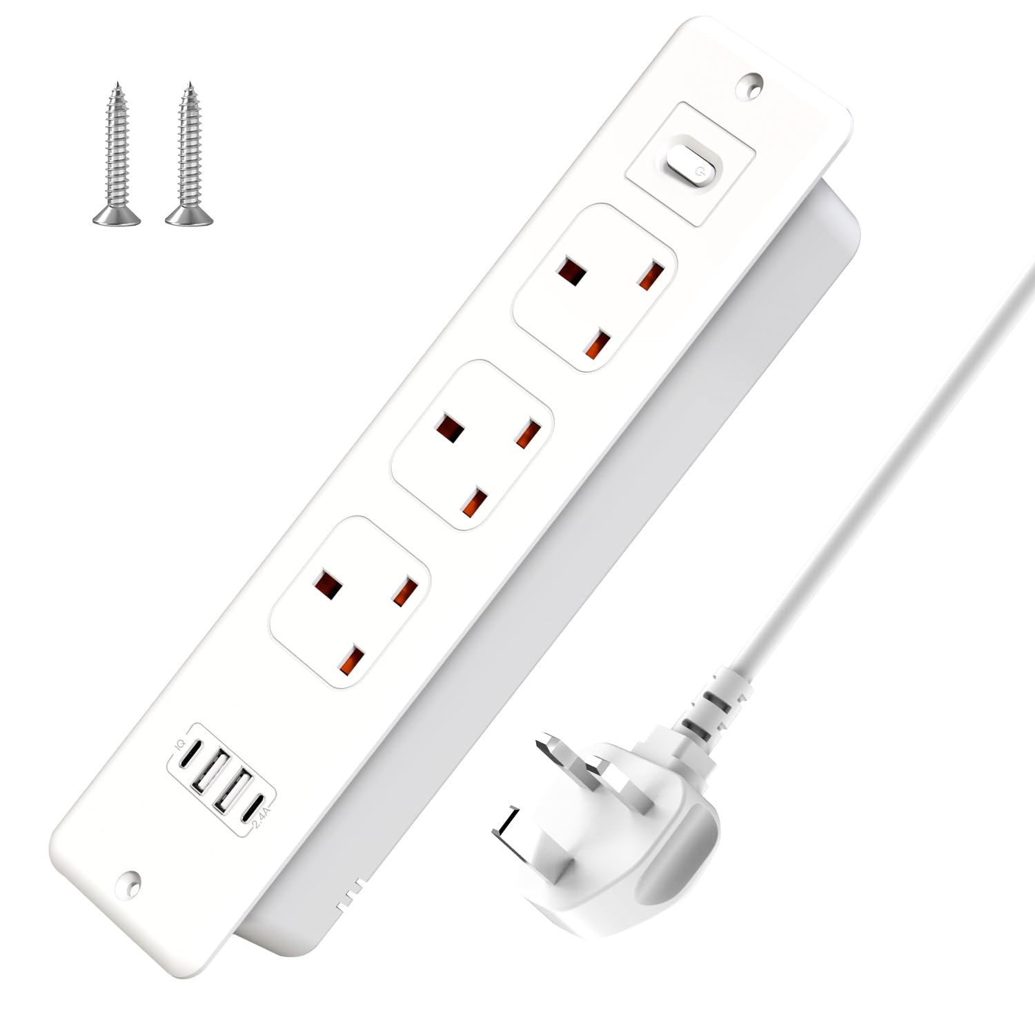 HITRENDS Recessed Power Strip with USB, Recessed Power Socket with 3 Outlets 2 USB A 2 USB-C Ports, 1.8M Extension Lead with Switch, Hidden in the Furniture Desk Table, White