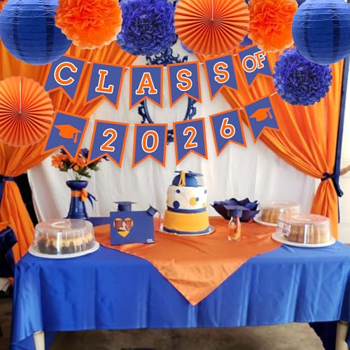 Image of Blue Graduation Orange Party Decoration Class Banner Hanging Pom Poms Flowers High School College Grad Supplies