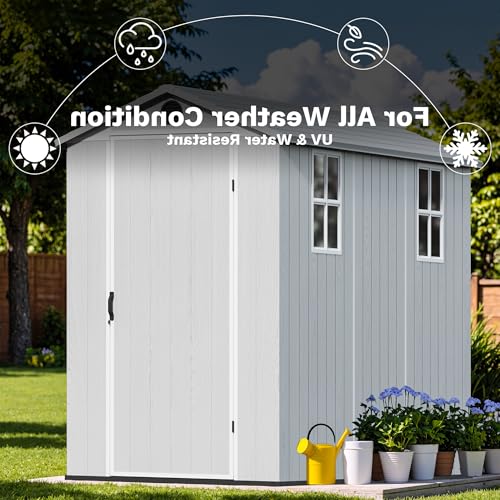 Image of Devoko 4x8 FT Resin Storage Shed with Floor, Garden Plastic Outdoor Shed with Window and Lockable Door, Waterproof Outside Tool shed for Backyard Patio, Light Grey