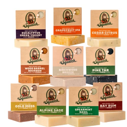 Dr. Squatch Set de regalo de barra de jabón para hombres Alquitrán de pino, brisa de madera de abedul, salvia alpina, yogur griego de eucalipto, bourbon de barril de madera, musgo dorado