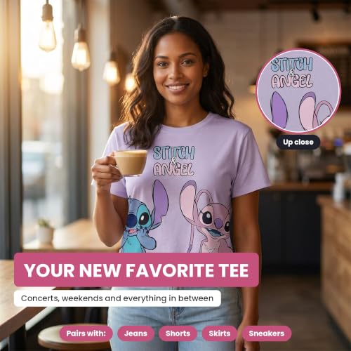 Disney Ladies Lilo and Stitch Shirt - Ladies Classic Lilo and Stitch Fashion Tee Lilo and Stitch Short Sleeve Skimmer Crop Top Tee (Lilac, Large) - image 5