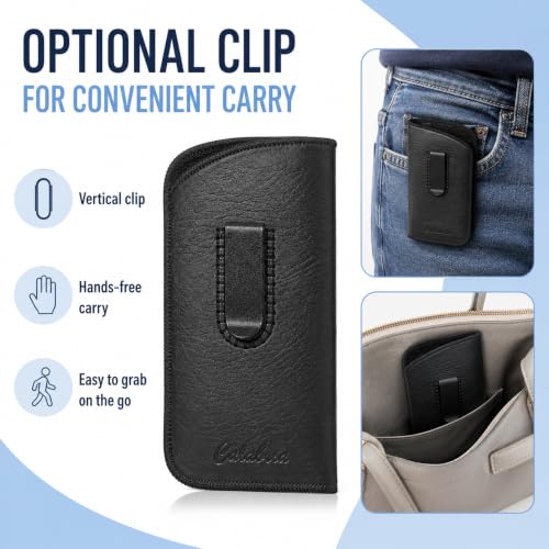 Image of Calabria Slim Faux Leather Eyeglass Case Soft Slip-In Design [Black with Clip - 1 Pack] | Compact Protective Pouch | Soft Case for Glasses | Lightweight Sunglass Storage