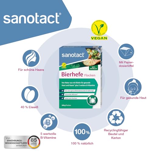sanotact Bierhefe Flocken (1kg) • 100% natürliche Bierhefeflocken • Hefeflocken mit Biotin & 5 B-Vitaminen für Haut, Haare, Nägel • Ideal zum Kochen als veganer Parmesan & zum Würzen