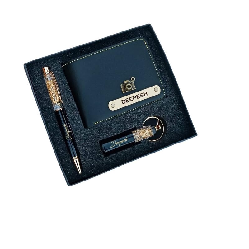 Just In Trendz Personalized Wallet with Charms Customized Faux Leather (Black) Wallet, Pen and Keychain Set for Men (3 in 1 Combo) Name Engraved Pocket Purse