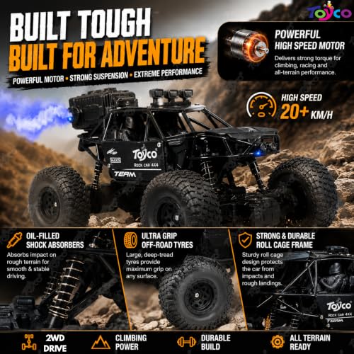 Image of toyco Rechargeable Remote Control Car Toy - Alloy Rock Crawler with LED Smoke Effect and Anti-Slip Tyres| 1:18 Scale | Off-Road RC 2WD Monster Truck Gift for Kids Boys and Girls Age 4-12+ (Black)
