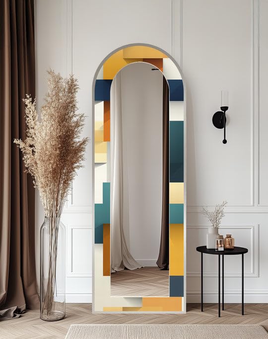 Specchio da pavimento arcuato moderno a blocchi di colore da 63,5 x 160 cm (larghezza x altezza), lunghezza completa, specchio da pavimento con cornice nera e cornice nera