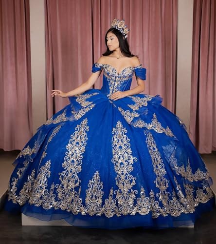 Zhangyo Off Shoulder Quinceanera Dresses Puffy Tulle Sweet 15 16 Dresses Gorgeous Gold Applique Ball Gown4