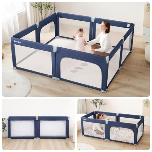 Image of Foldable Baby Playpen, Shape & Size Adjustable Playpen for Toddler, 79x71 Large Play Pens Safety Mesh Foldable Playard for Babies, Portable Baby Fence Play Area Kids Play Pen, Blue