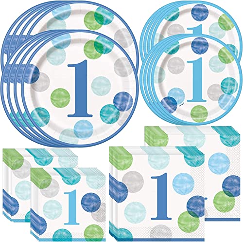 Unique Blue Dots Baby Boy 1st Birthday Party Bundle | Beverage & Luncheon Napkins, Dinner & Dessert Plates | Great for Child's 1st Birthday Celebration, Kid's Party