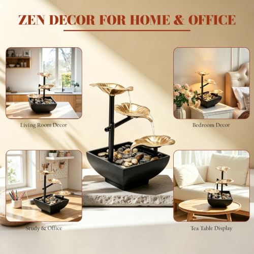 Image of Tabletop Water Fountain Indoor,3-Tier Lotus Indoor Water Fountain,8'' H Zen Desktop Waterfall with Pump Plug for Office Desk Decor Home Living Room Bedroom,Gift for Housewarming