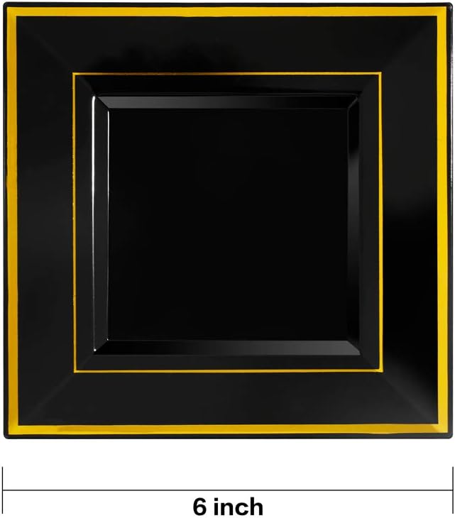 bUCLA 100PCS Black Square Plastic Plates with Gold Rim - 6 inch Disposable Dessert/Appetizer/Small Cake Plates for Party, Graduation & New Year - Image 2