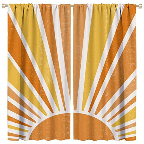 Boho Retro Sun Window Curtains,Abstract Vintage 70s Rainbow Window Drapes,Mid