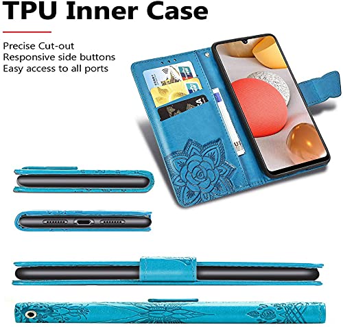 Image of ClickCase Butterfly Series for iPhone 15 Plus Leather Embossing Wallet Flip Case Kick Stand Magnetic Closure Flip Cover for iPhone 15 Plus (Sky Blue)