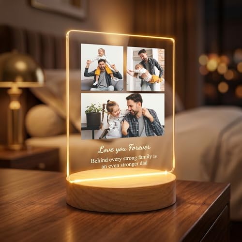 Image of Giftplease Fathers Day Personalized Rectangle Acrylic LED Frame - Custom 3 Photo Wood Stand Tabletop Showcase For Grandpa Birthday, Dad, Stepdad, Husband Anniversary Meaningful Family Keepsake