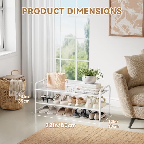 Image of 2 Tier Shoe Storage Rack with Steel Mesh Shelves for Entryway, White | 33 Inch Wide, Sturdy Metal, Stackable & Adjustiable Shelf Height, Easy Assembly