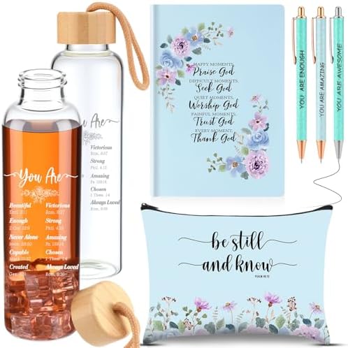 6 Pcs Christmas Christian Gifts Bulk for Women 1 Bible Verse Glass Bottle 1 Makeup Bag 1 Religious Scripture Notebook 3 Ballpoint Pens Inspirational Gifts for Sunday School Church(Blue)