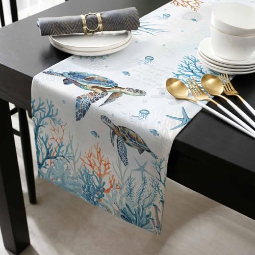 Chemin de table tortue de mer bleu : la solution pour table de 228 cm