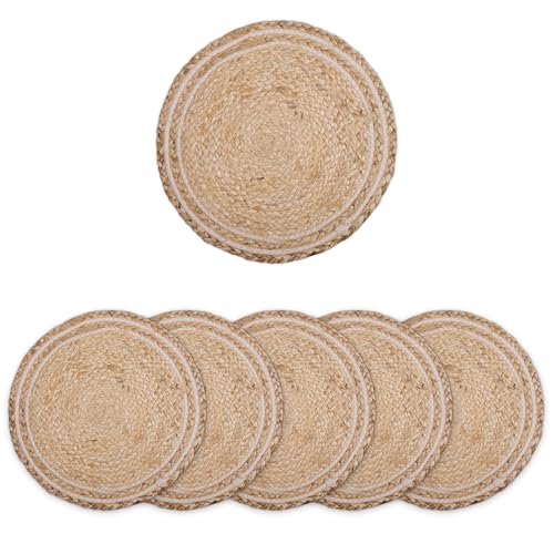 Image of Encasa XO Dining Table Mats Set of 6 | Jute Round Placemat - 32 cm Diameter | Off White & Jute Natural Bleach Color | Handmade Style Chargers for Dinner Plates