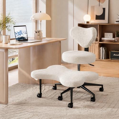 Image of Pinmoco White Teddy Cross Leg Chair - Plush Cozy Meditation Chair, Home Office Desk Seat with Wheels, Modern Scandinavian Style, Comfortable & Soft for Adults
