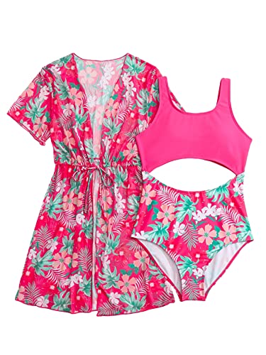COZYEASE Girls' 2 Piece Sets Print Scoop Neck One Piece Swimsuit with Short Sleeve Cover Ups