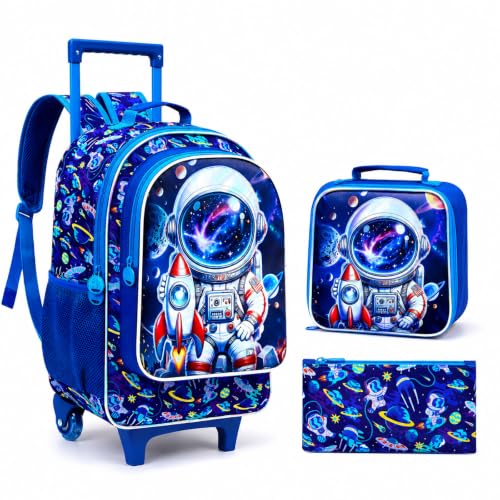 Mochila com rodas Daring Astronaut para meninos – Conjunto de mochila escolar infantil com estampa UV legal com lancheira, mochila de rolo resistente à água para crianças em idade pré-escolar