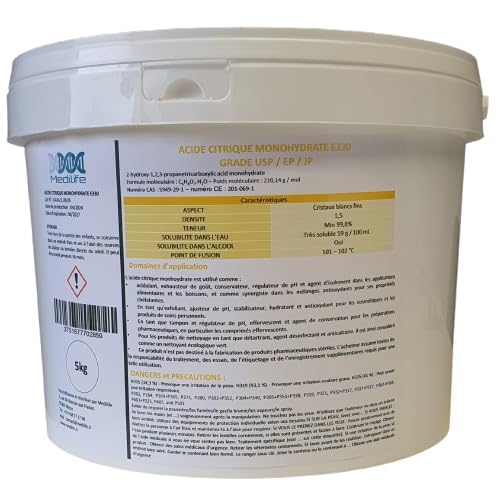 Acide Citrique Alimentaire Monohydrate E330 5 kg – Grade USP/EP/JP – Poudre Pure de Qualité Alimentaire – Idéal pour Cuisine, Conserves, Nettoyage et Cosmétique Maison