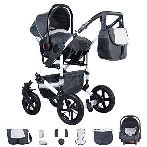 Friedrich Hugo Hamburg | 3 in 1 Kombi Kinderwagen Set | Luftreifen | Farbe: Grey & White