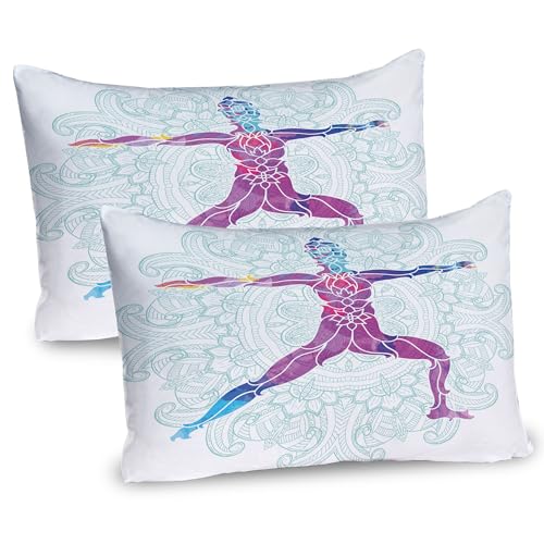 Ambesonne Colorful Pillow Sham Set of 2, Girl on Yoga Warrior Pose with Lotus Flower Petal Lines and Shapes Boho Art Print, Quality Microfiber Bedding Item for All Seasons, 26