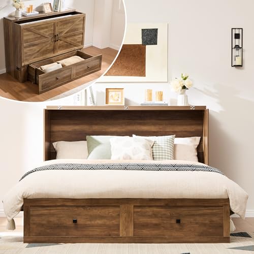 Image of AMERLIFE Full Murphy Bed Cabinet with Charging Station and Storage, Farmhouse Foldable Platform Bed for Guest Room, Office, Small Spaces, Barnwood
