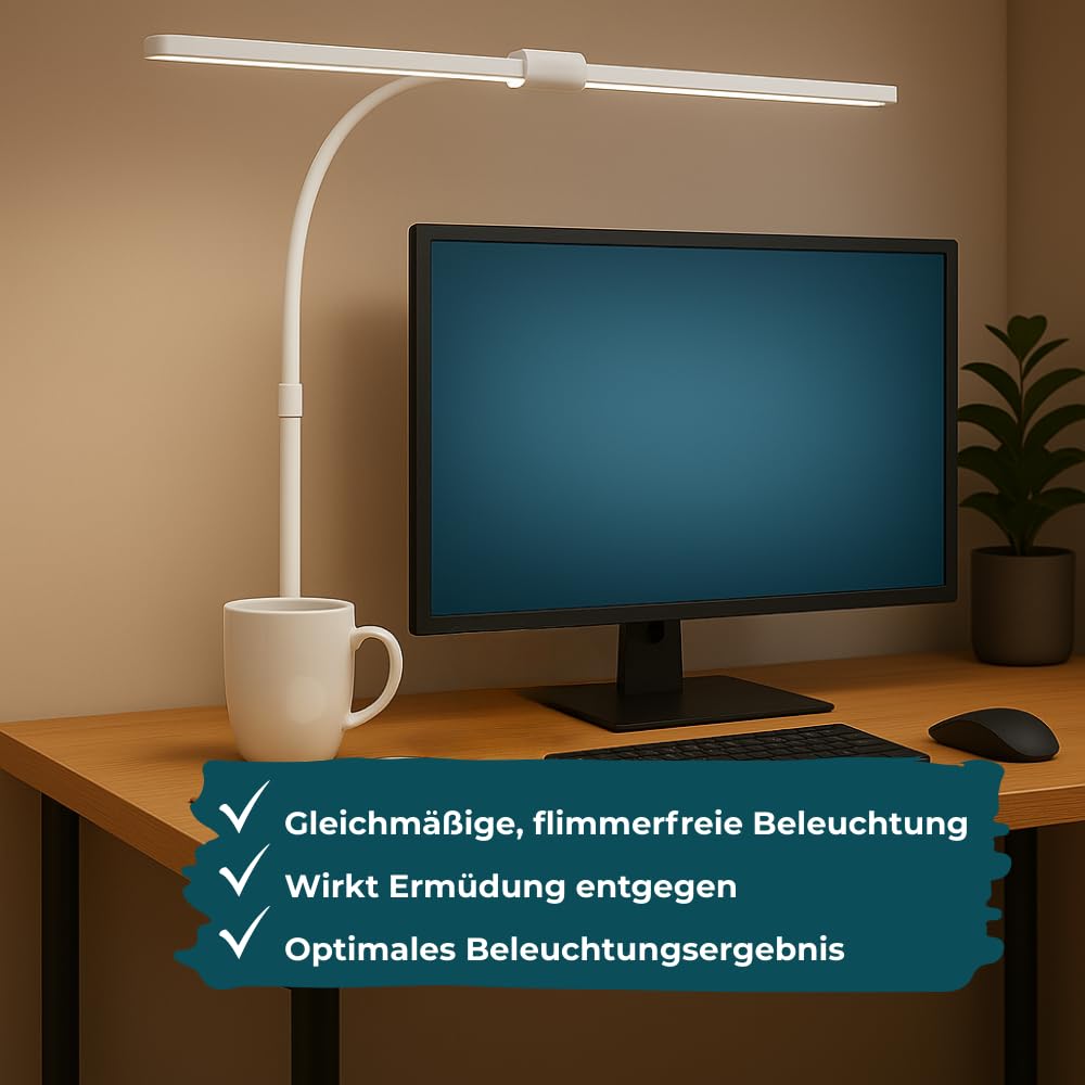 LUXULA LED Doppelkopf Schreibtischlampe, klemmbar, dimmbar, 5 Farbtemperaturen, flexibel einstellbar, 24W, 800lm, weiß - Tischleuchte Bürolampe Monitorlampe Büro Arbeitsplatz