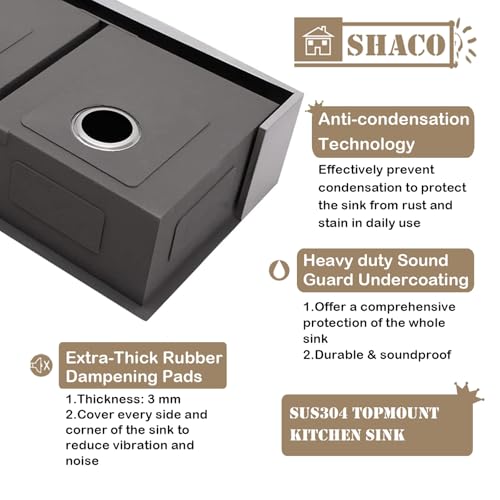 Image of SHACO 33 Inch Double Bowl Divided 50 /50 Farmhouse Sink, 33x21 Stainless Steel Undermount Apron Front Farm Kitchen Sink