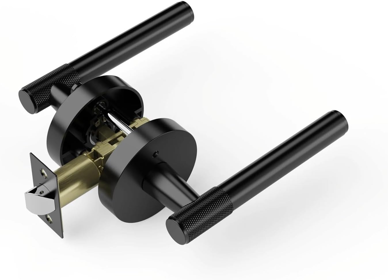 2PCS Privacy Door Handle Front Knurled Lever Round Base Bedroom Bathroom Lock Reversible(Black)