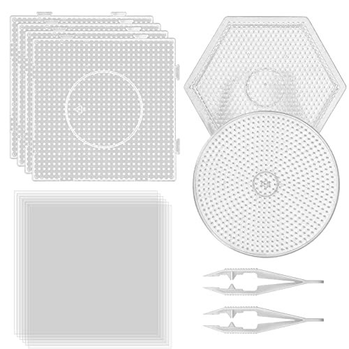 Faxco 6Pack 5mm Large Clear Plastic Fuse Beads Boards Bead Pegboards with 6 Ironing Paper and 2 White Beads Tweezers for DIY Craft Beads