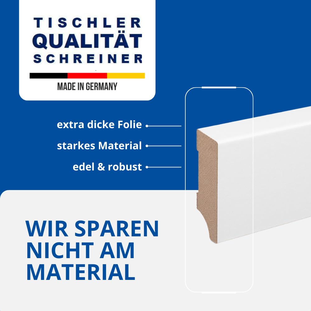 REESE - Sockelleiste - Leipziger Profil - MDF WEISS - Folie Oben Abgeschrägt - (60mm Höhe, 15 Stück / 34,5lfm) - nicht selbstklebend - 230 cm