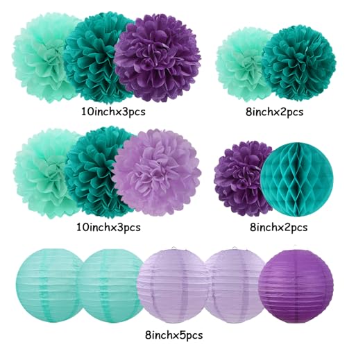 Image of Teal-Purple Party-Decorations Paper Flowers Lanterns - 15PCS Lavender Girl Mermaid-Birthday Tissue Pom Poms Streamers,Baby Bridal Shower Wedding Classroom Hanging Supplies Decor Hugfond