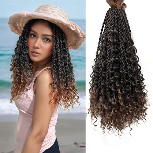 Boho Island Twist Crochet Hair 8 Packs 18 Inch Pre-Looped Goddess Senegalese Twist Crochet Hair with Curly Ends Boho Style Braids for Women T1B/30